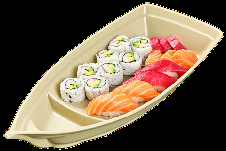 Sushibox platter with sushi rolls, nigiri, and sashimi